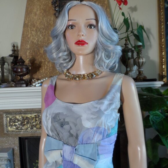 Moschino Cheap&chic Gray Multi Rose Print Sheath Dress w/Front Bow Detail Size 8 - Picture 6 of 16